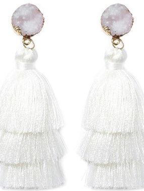 New White 3-Tier Tassel Statement Earrings Boho Druzy Studs